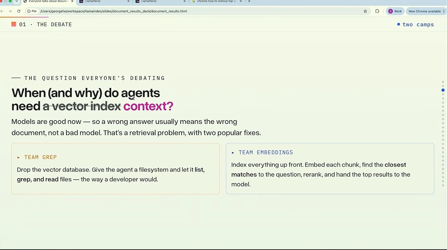 Slide contrasts file search using grep with indexing and embeddings.