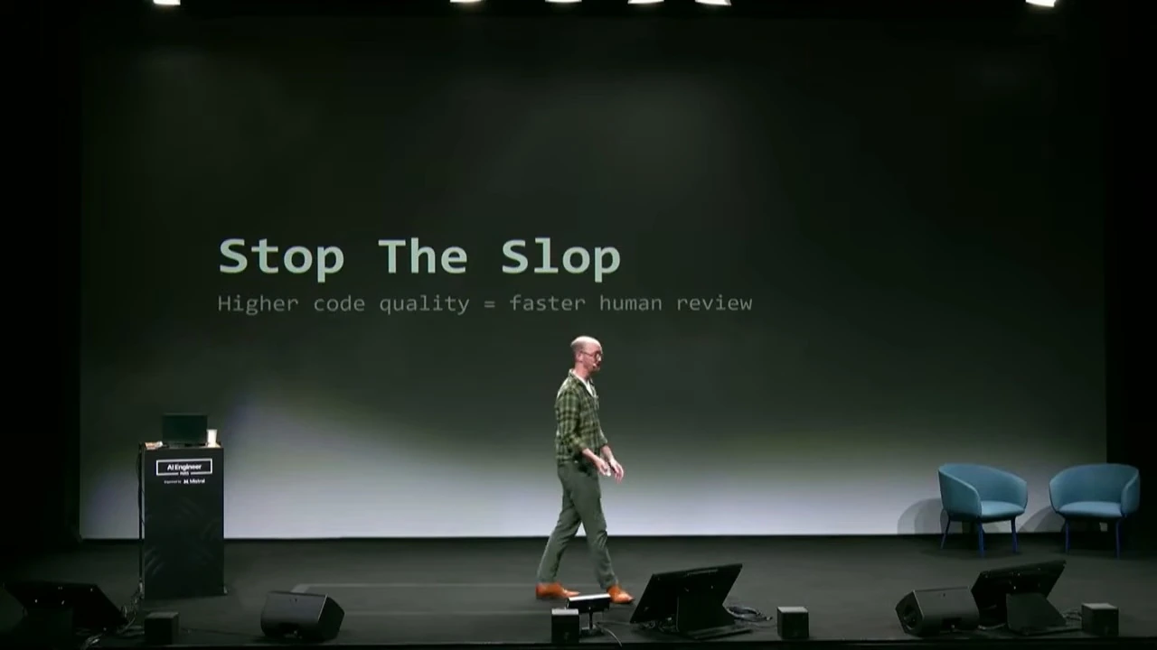 A slide says higher code quality leads to faster human review.