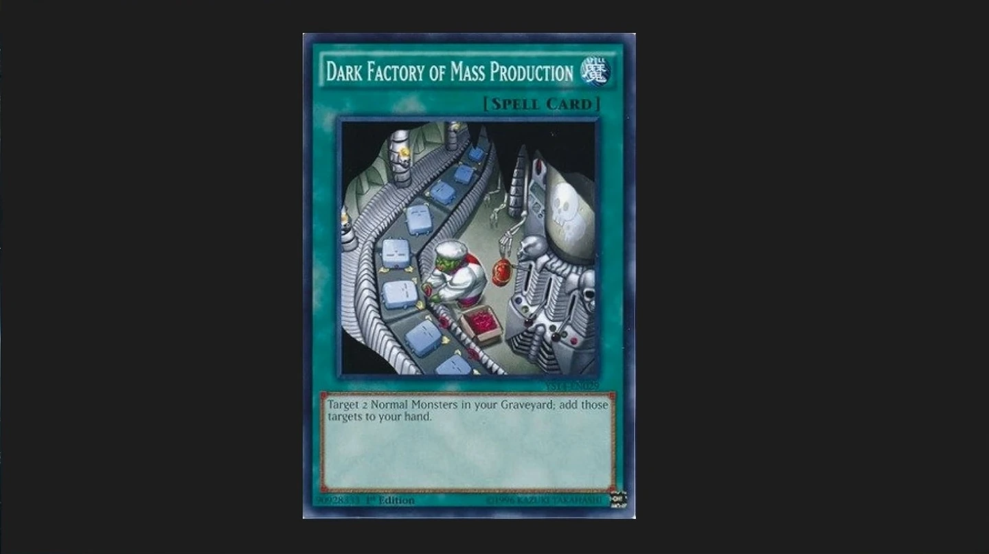 A trading card depicting a factory production line on a dark background.