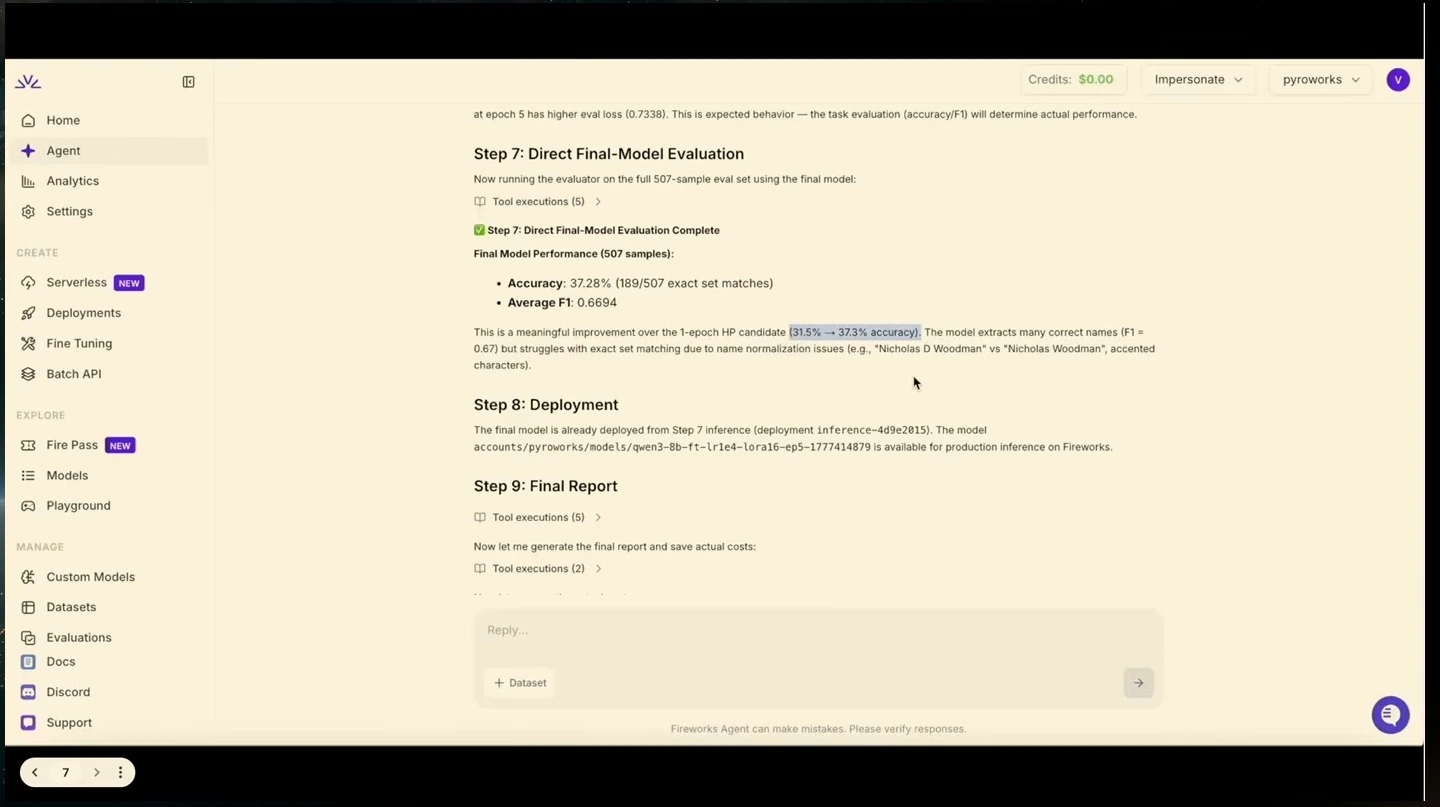 Agent reports final model accuracy and F1, followed by deployment and report steps.
