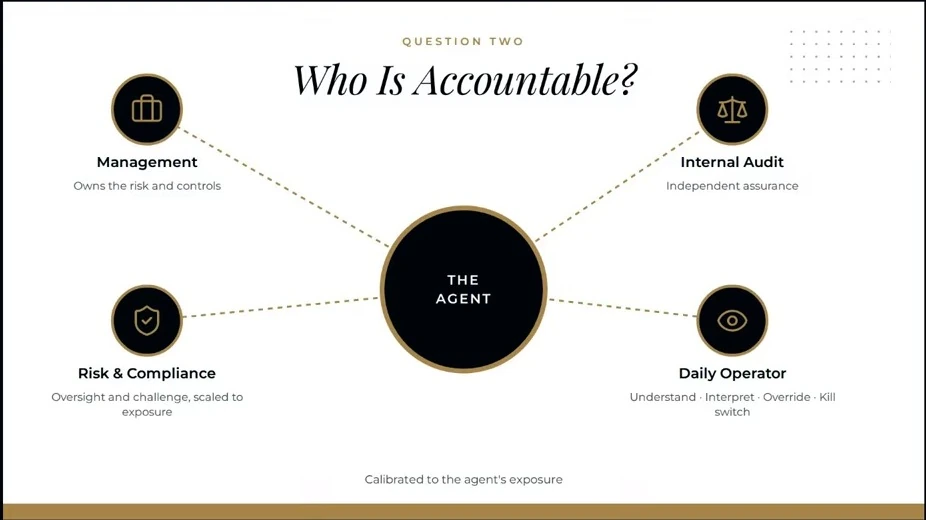 Management, risk and compliance, internal audit, and a daily operator have distinct responsibilities for the agent.