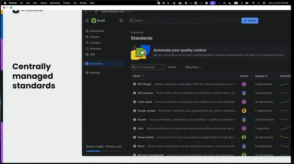A standards management interface lists coding standards and their repository coverage.