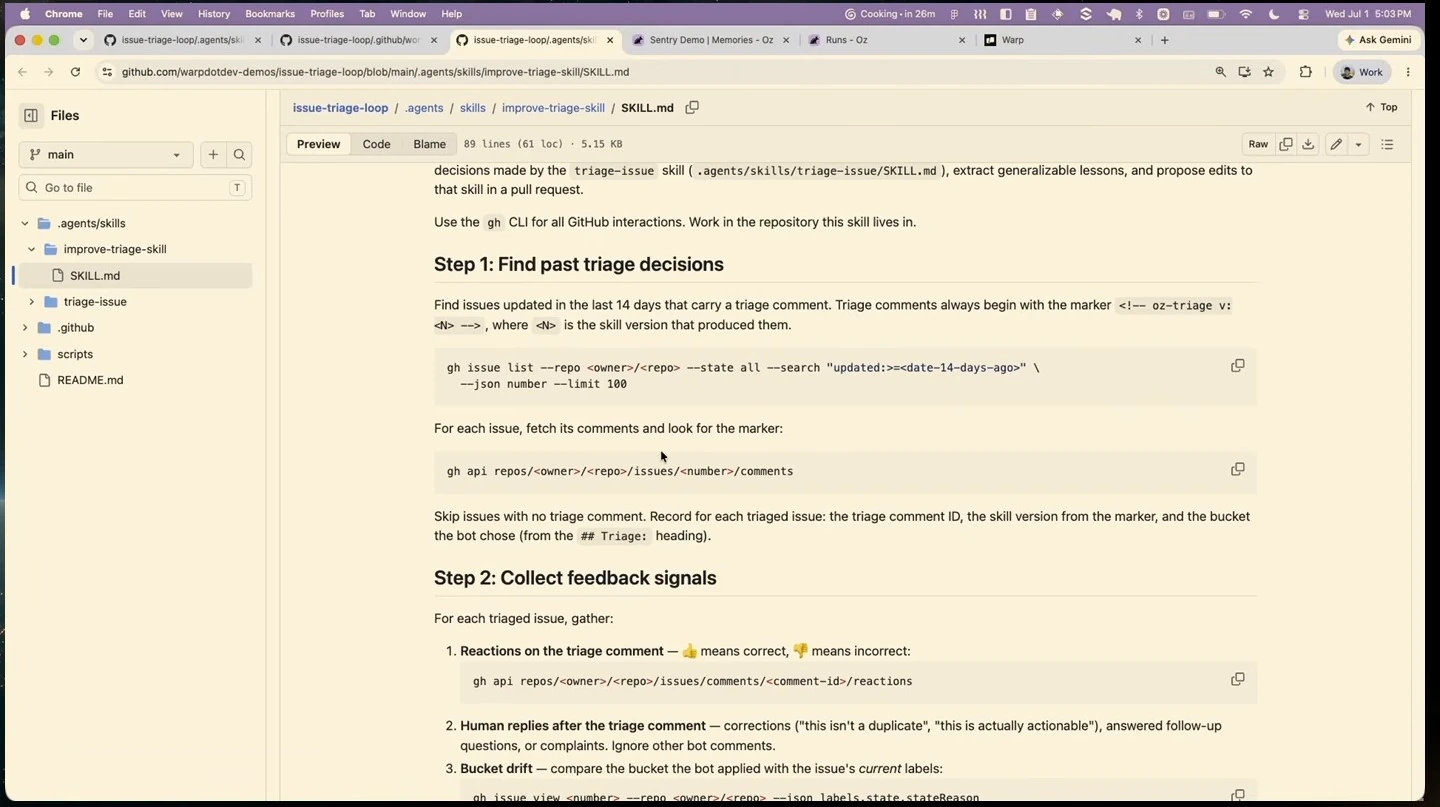 GitHub preview showing instructions to find triage comments and collect feedback signals.