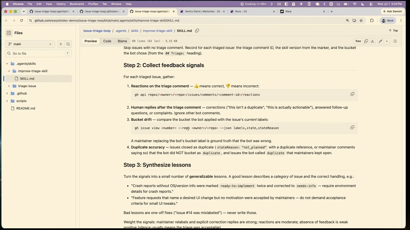 GitHub preview listing feedback signals and examples of generalizable lessons.