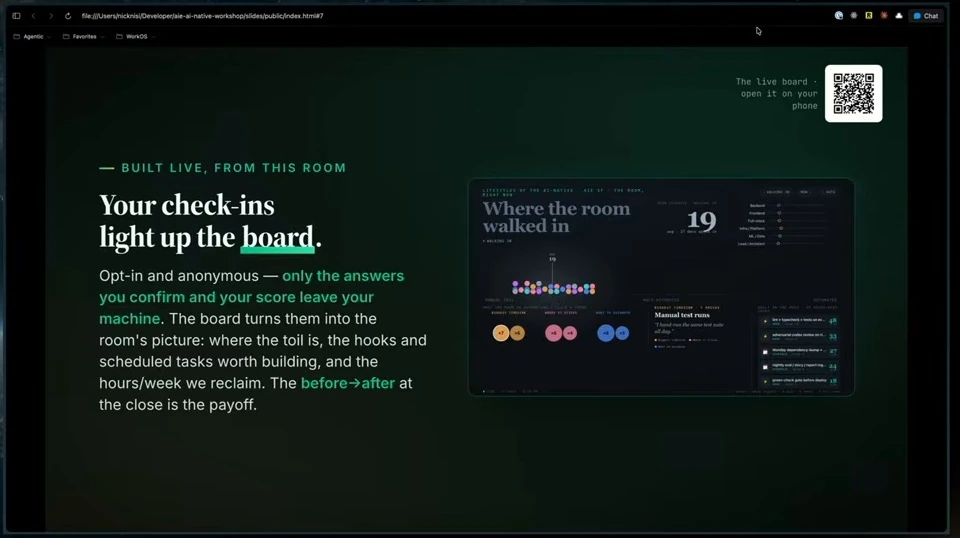A slide explains that opt-in check-ins contribute confirmed answers and scores to a room-wide board, shown in a small dashboard screenshot.
