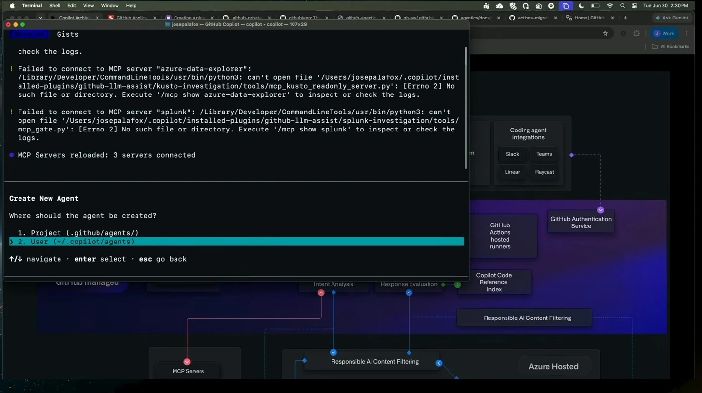 Copilot CLI asks where to create an agent, with the user option highlighted.