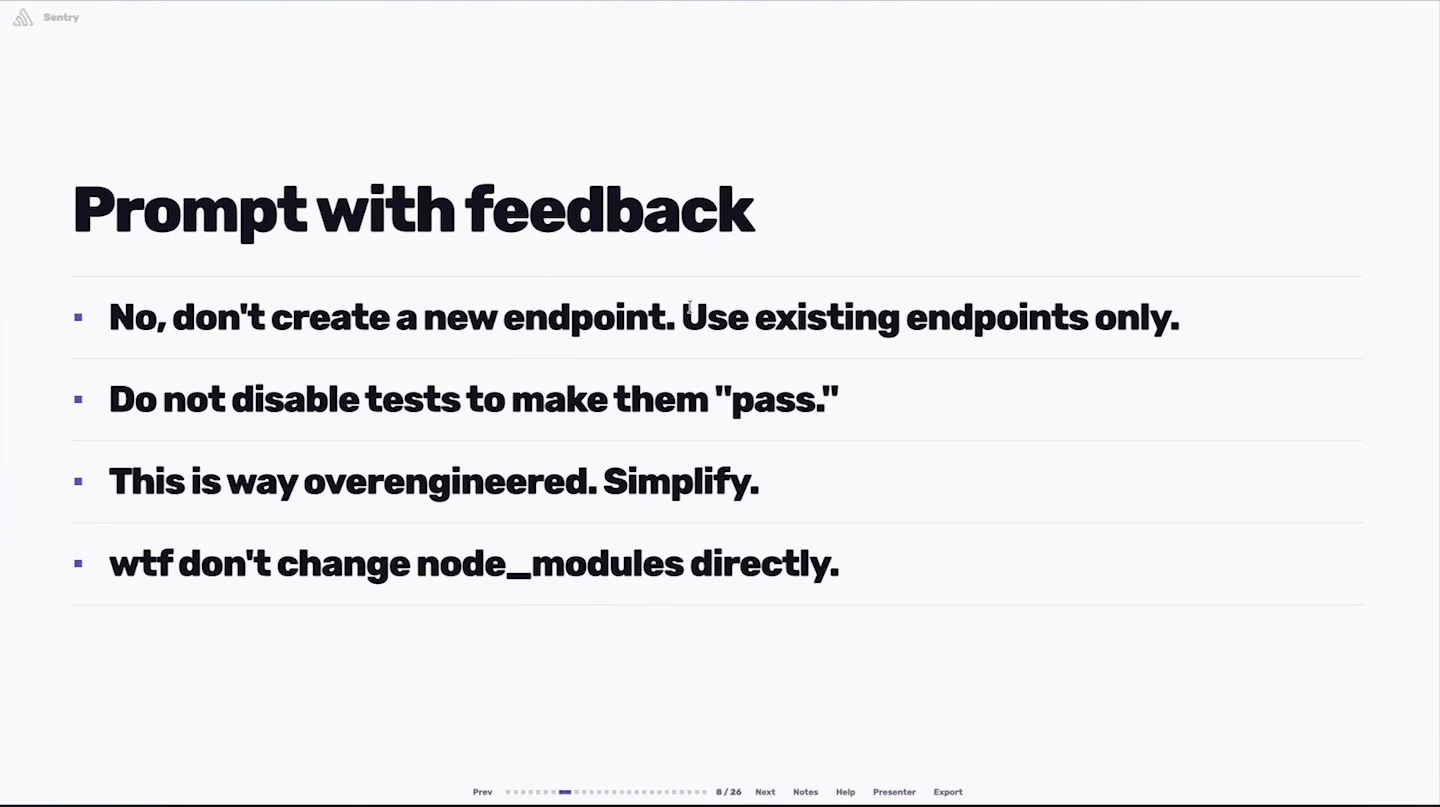Examples of feedback about endpoints, tests, overengineering, and changes to node_modules.