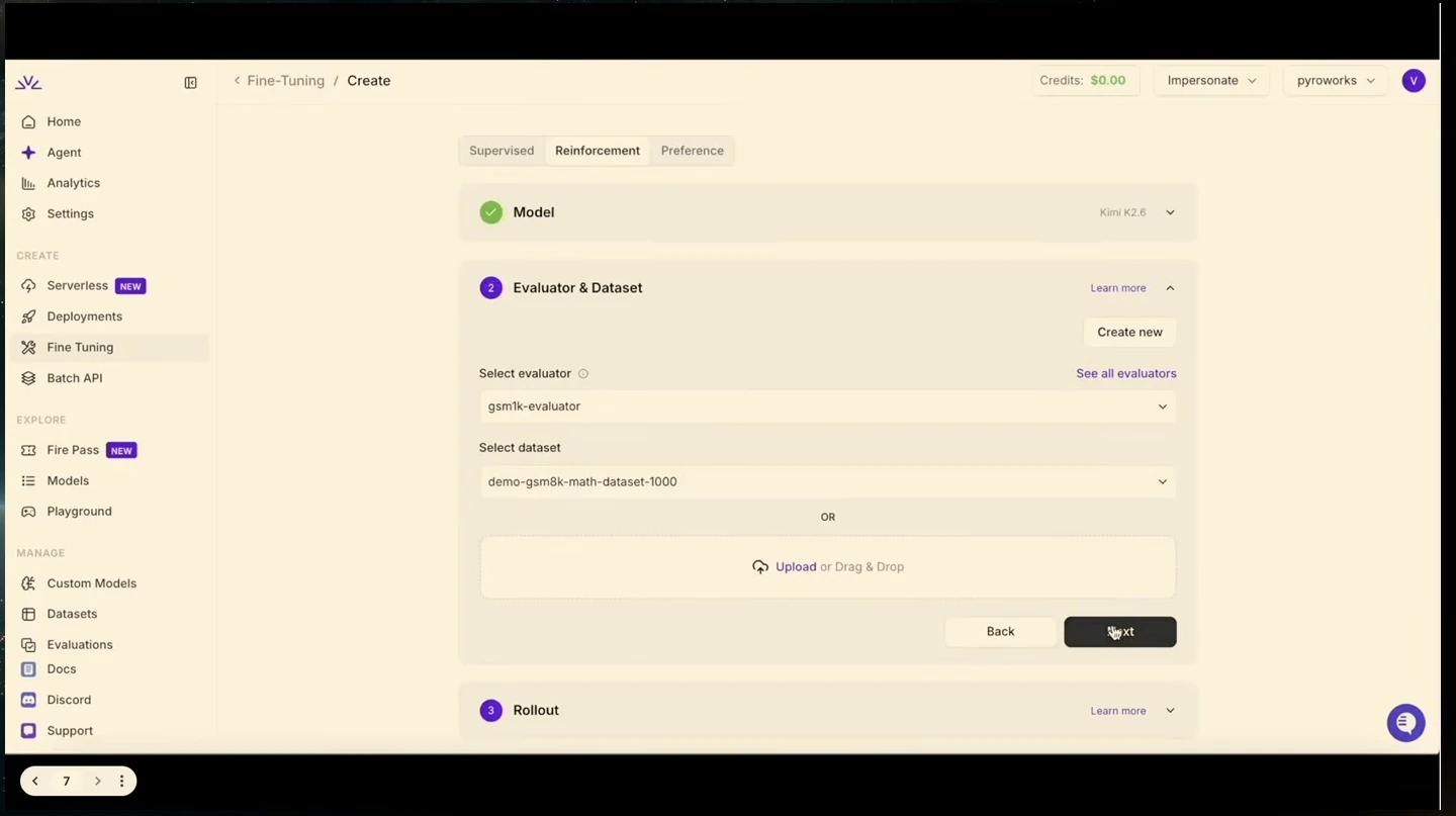 Reinforcement fine-tuning form with evaluator and dataset selectors.