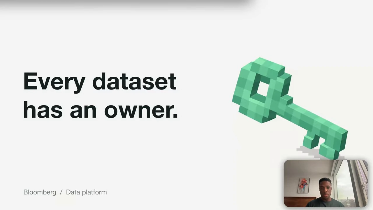 A slide about dataset ownership shows a green key and references Bloomberg's data platform.