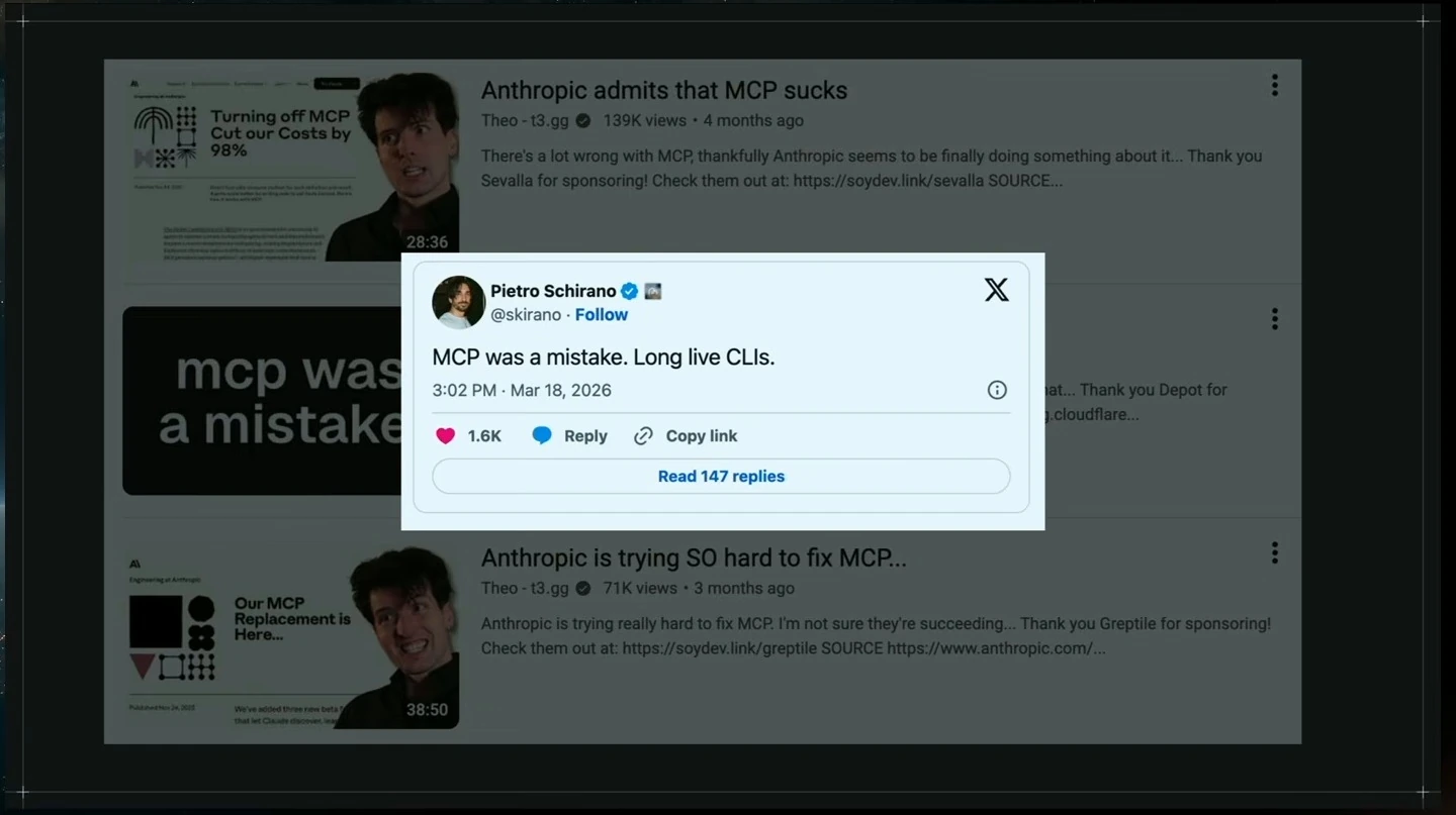 A social post saying MCP was a mistake and favoring CLIs overlays the dimmed video listings.