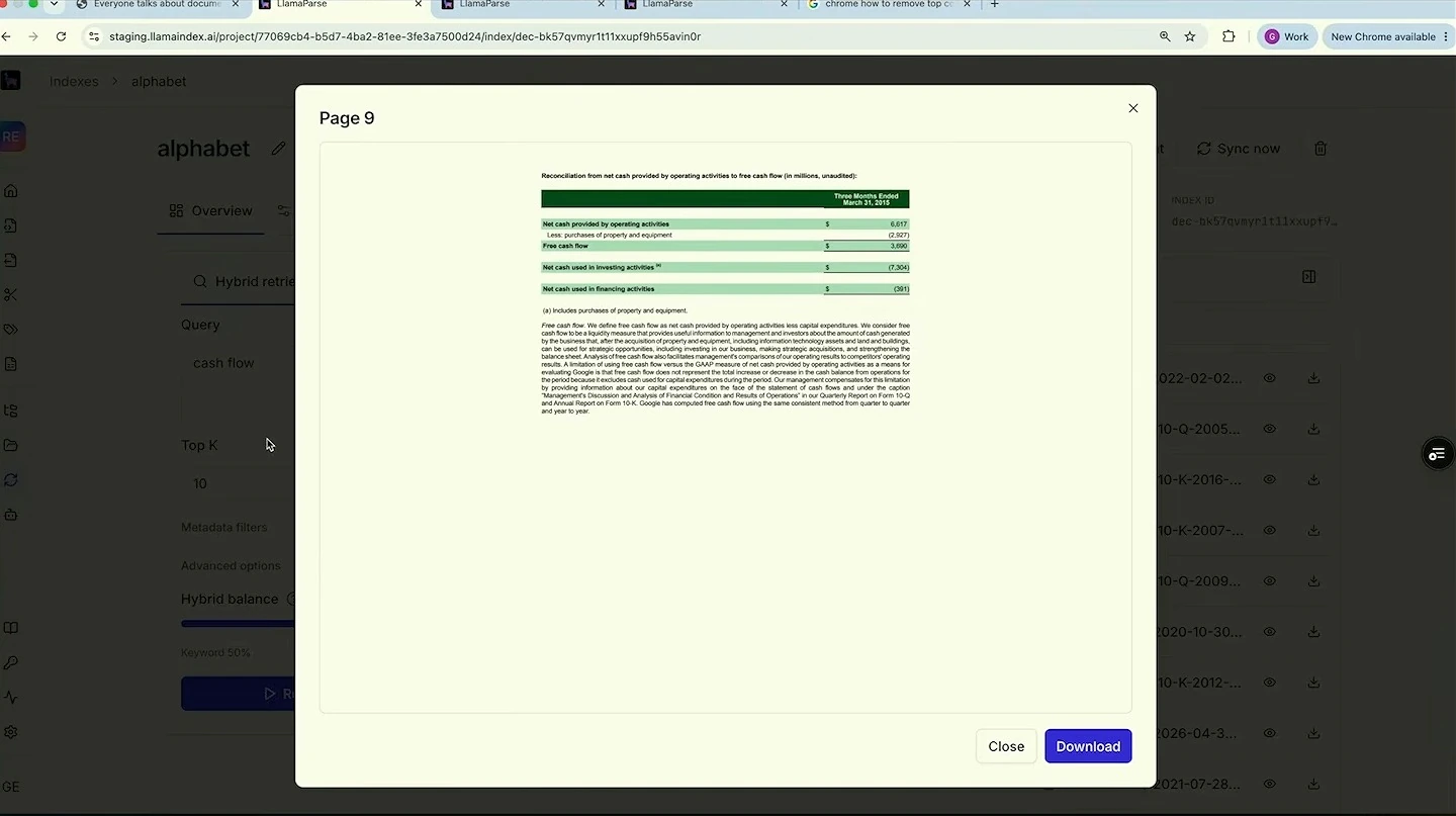 An expanded page preview shows a cash flow table and small accompanying text.