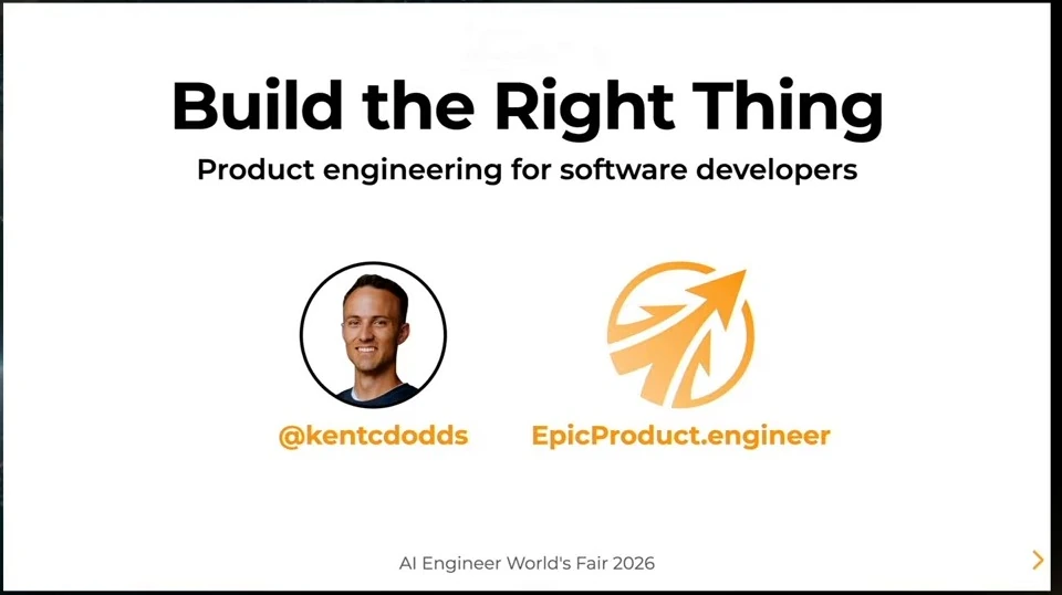 Title slide for a talk on product engineering for software developers, with Kent C. Dodds and Epic Product Engineer branding.