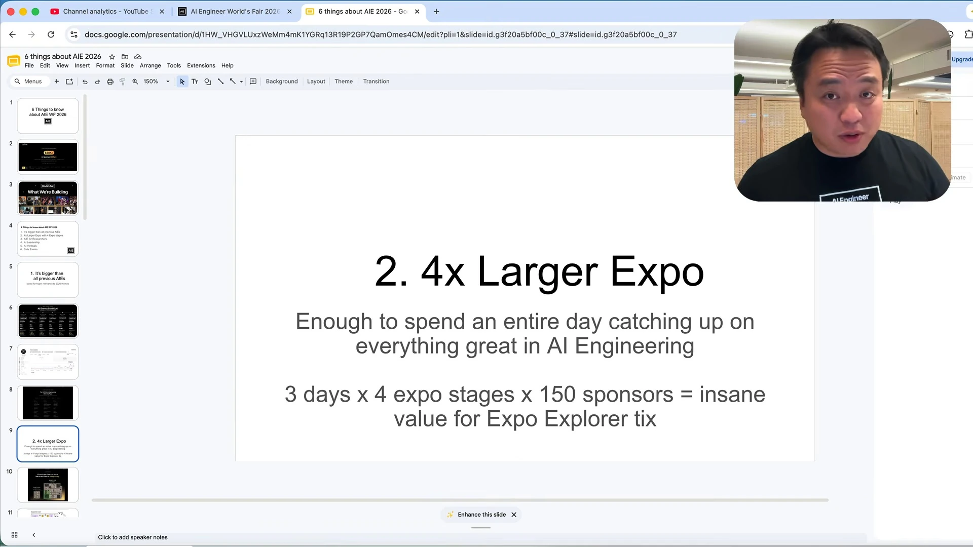 Slide describes a larger expo with four stages, 150 sponsors and three days of activity.