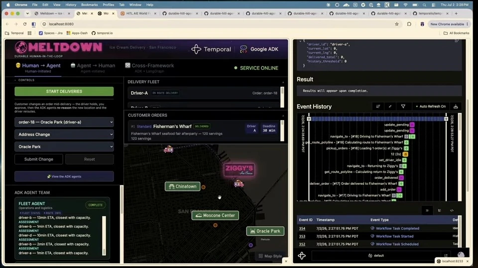 Delivery dashboard with an address-change control, map, and workflow event history.