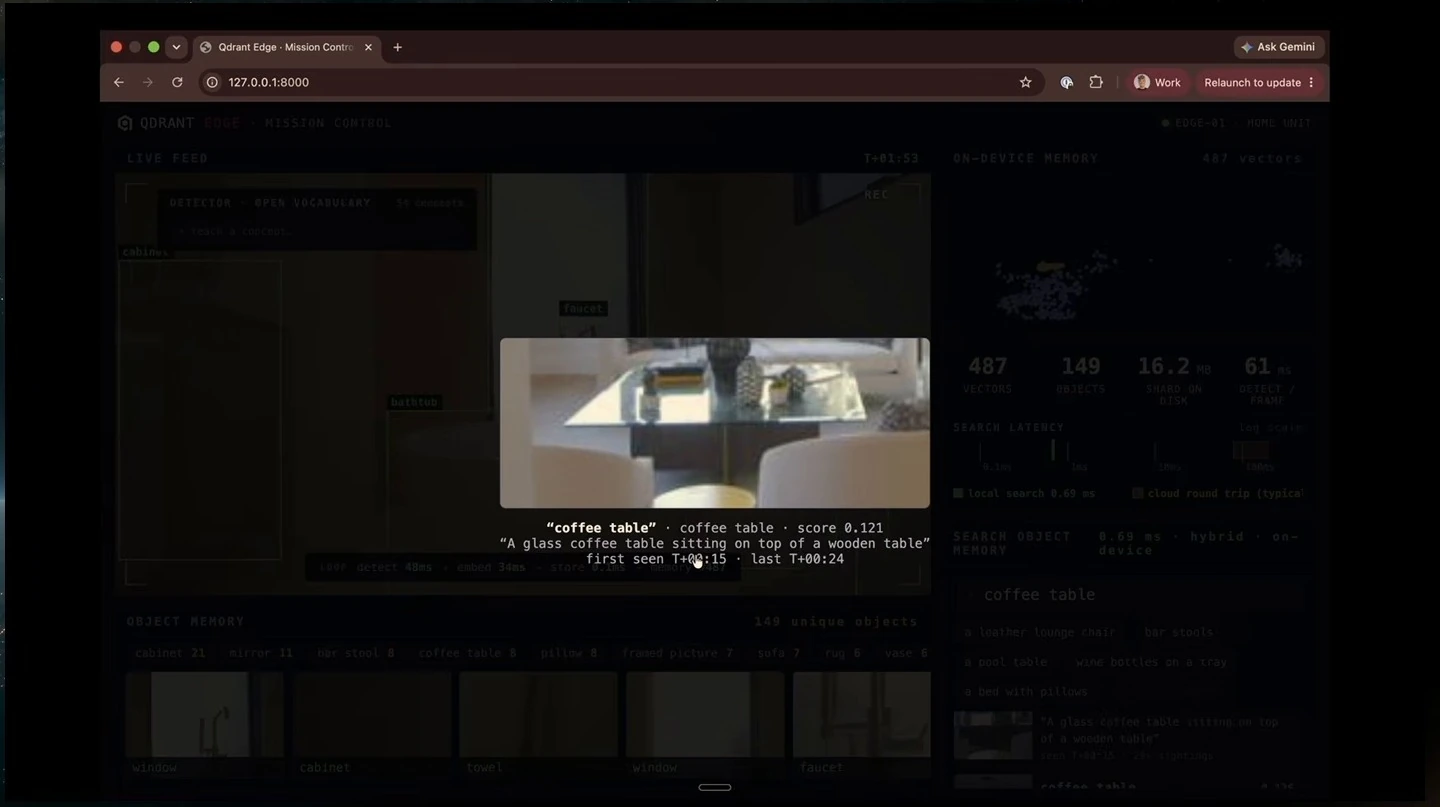 A focused coffee table image appears with a search result, description, and first and last seen times over a dimmed dashboard.