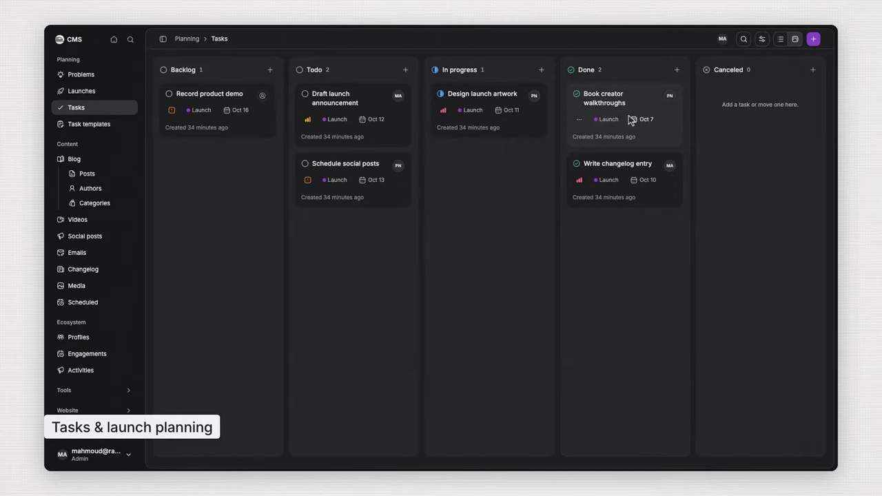 A task board with backlog, todo, in-progress, done, and canceled columns.