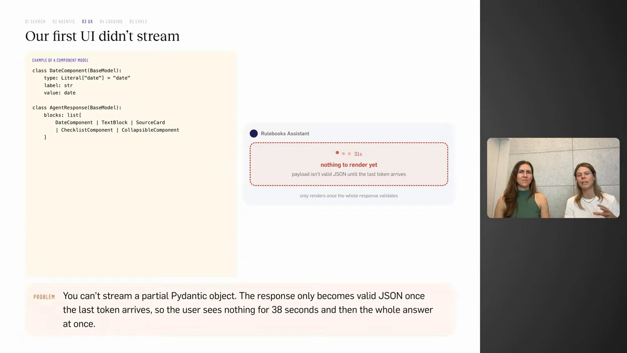 A component model and interface mockup illustrate that the response renders only after the complete JSON is valid.