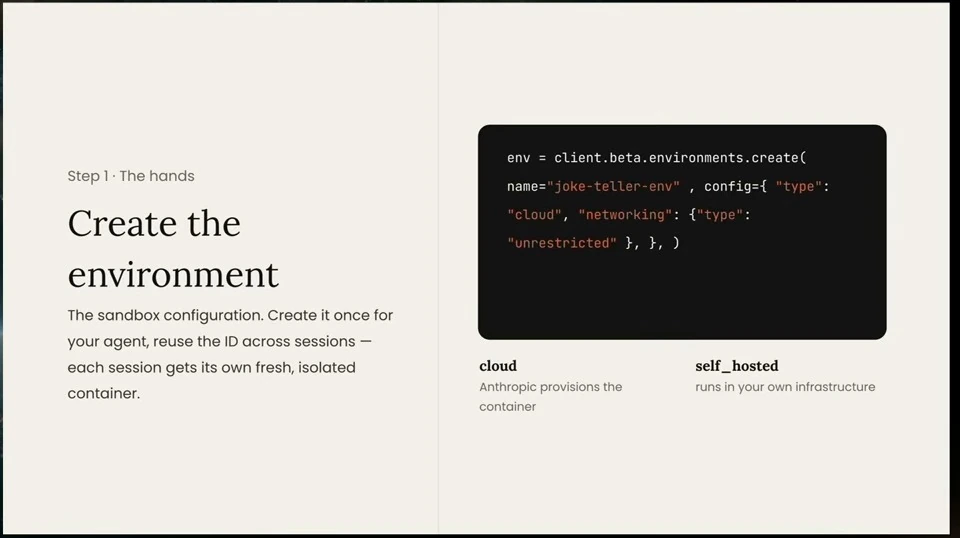 Environment creation example alongside cloud and self-hosted options.