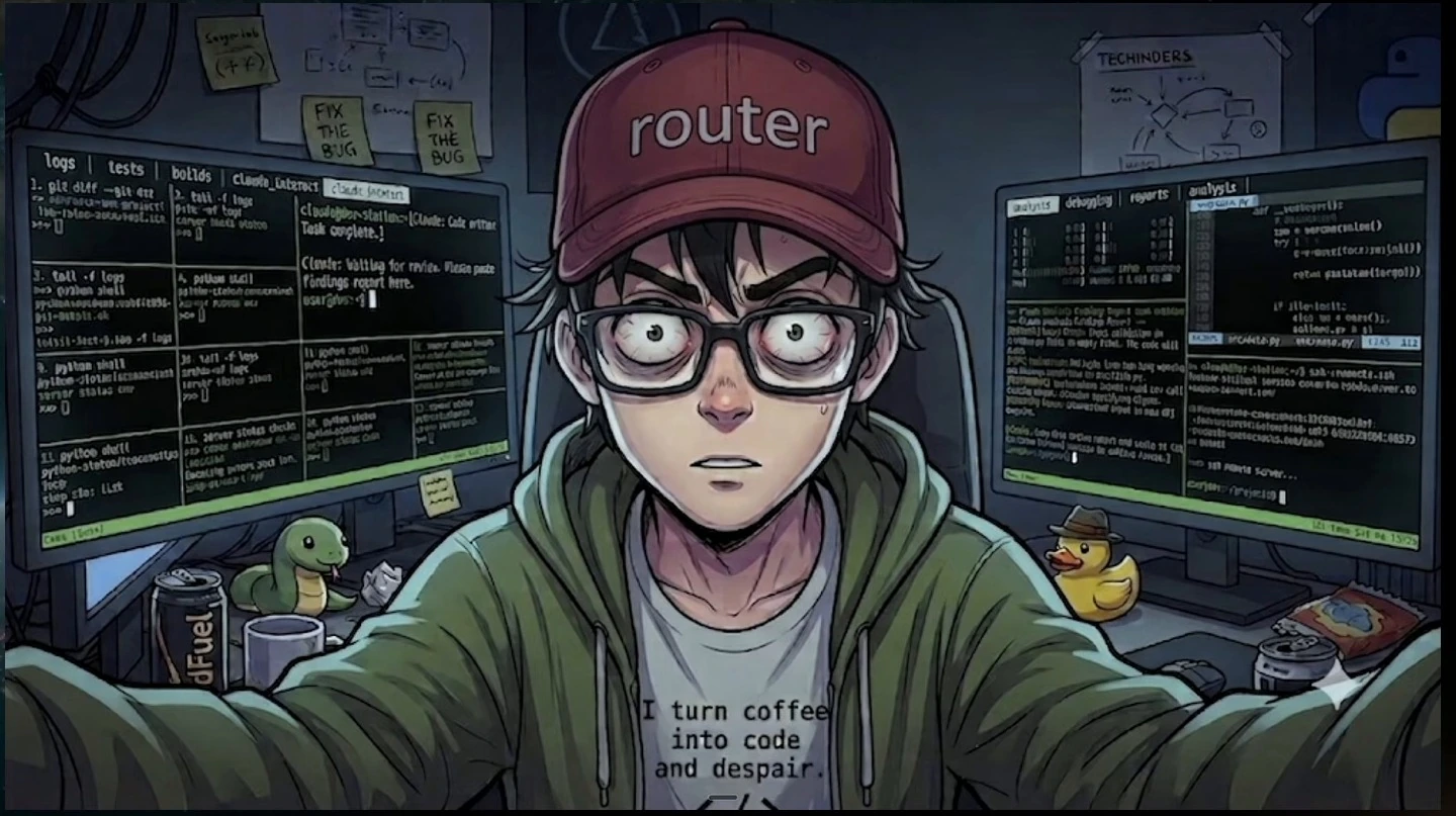 An overwhelmed developer wearing a hat labeled router sits between monitors filled with terminal panes.