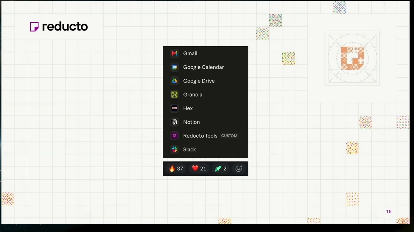 A list of connected applications includes Reducto Tools, with reaction counts below.
