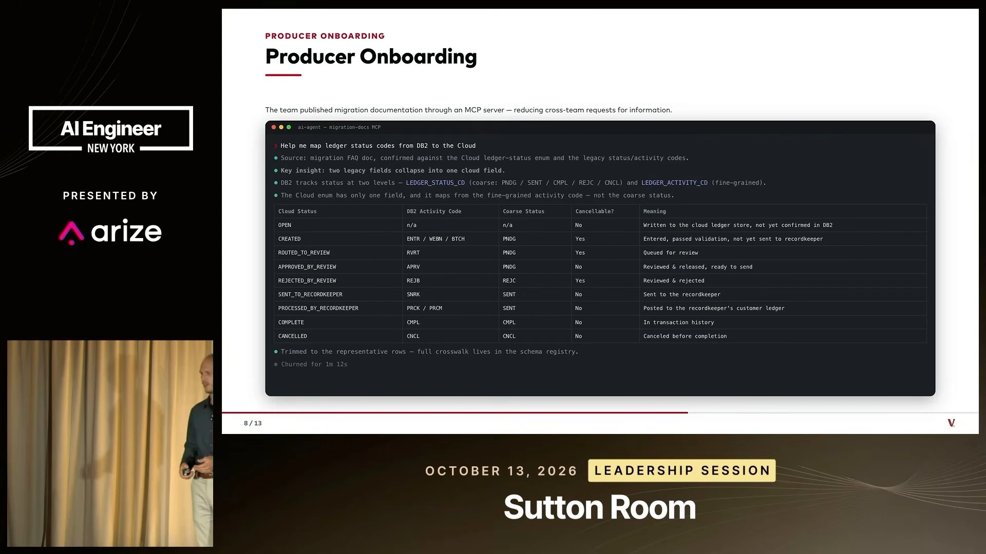 Migration documentation exposed through an MCP server, with an example mapping legacy ledger statuses to cloud statuses.