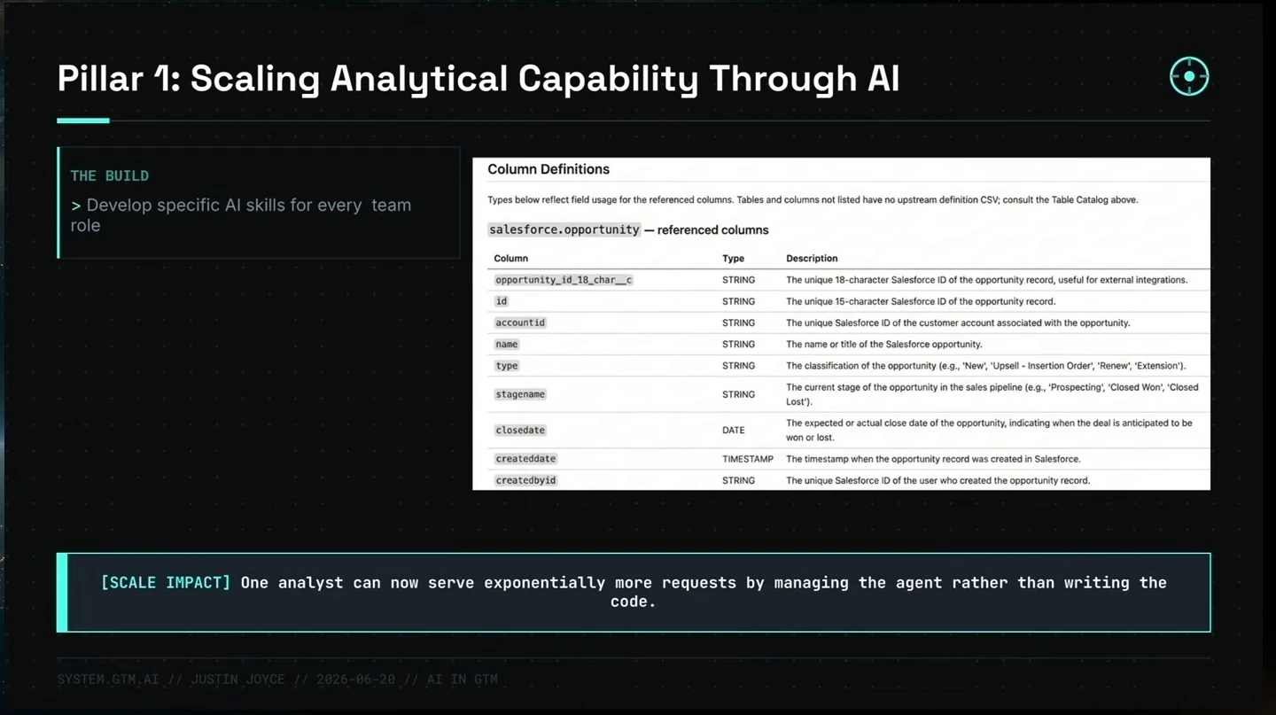 Role-specific AI skills alongside an example of opportunity column definitions.