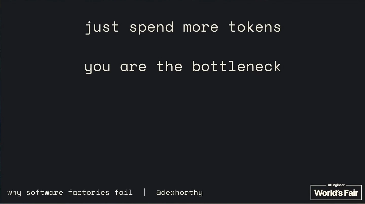 Dark slide reads: just spend more tokens; you are the bottleneck.