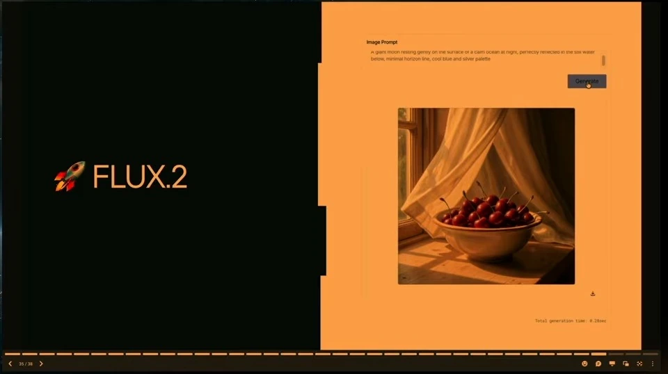 FLUX.2 interface displaying a bowl of cherries, with text in the prompt field.