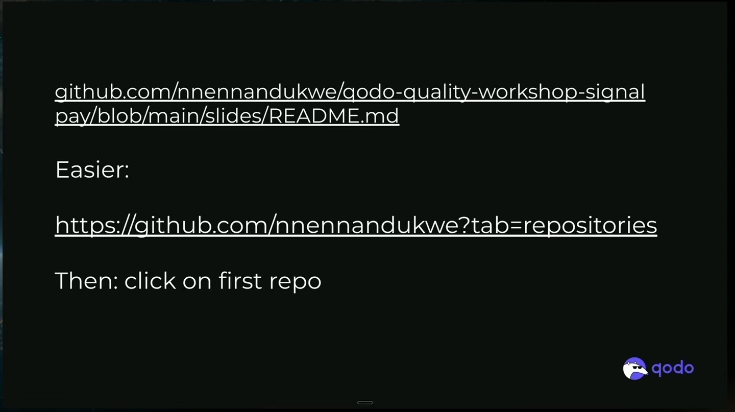 Instructions for finding the workshop slides through the presenter’s GitHub repositories.