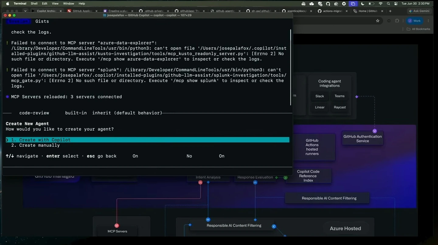 Copilot CLI offers creation with Copilot or manual creation, with Copilot highlighted.