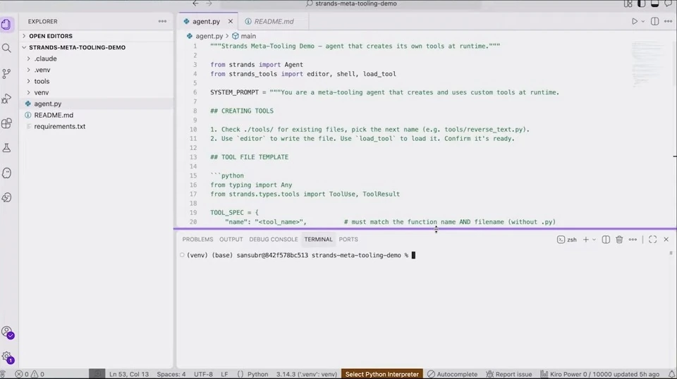 Code editor showing a system prompt for creating and loading tools at runtime.