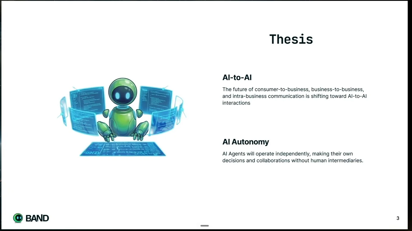A robot illustration accompanies statements about AI-to-AI communication and autonomous agents.