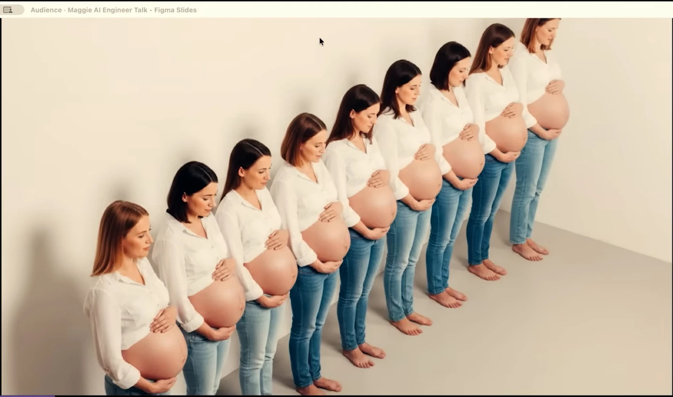 A row of women in white shirts and jeans pose with their hands on pregnant bellies.