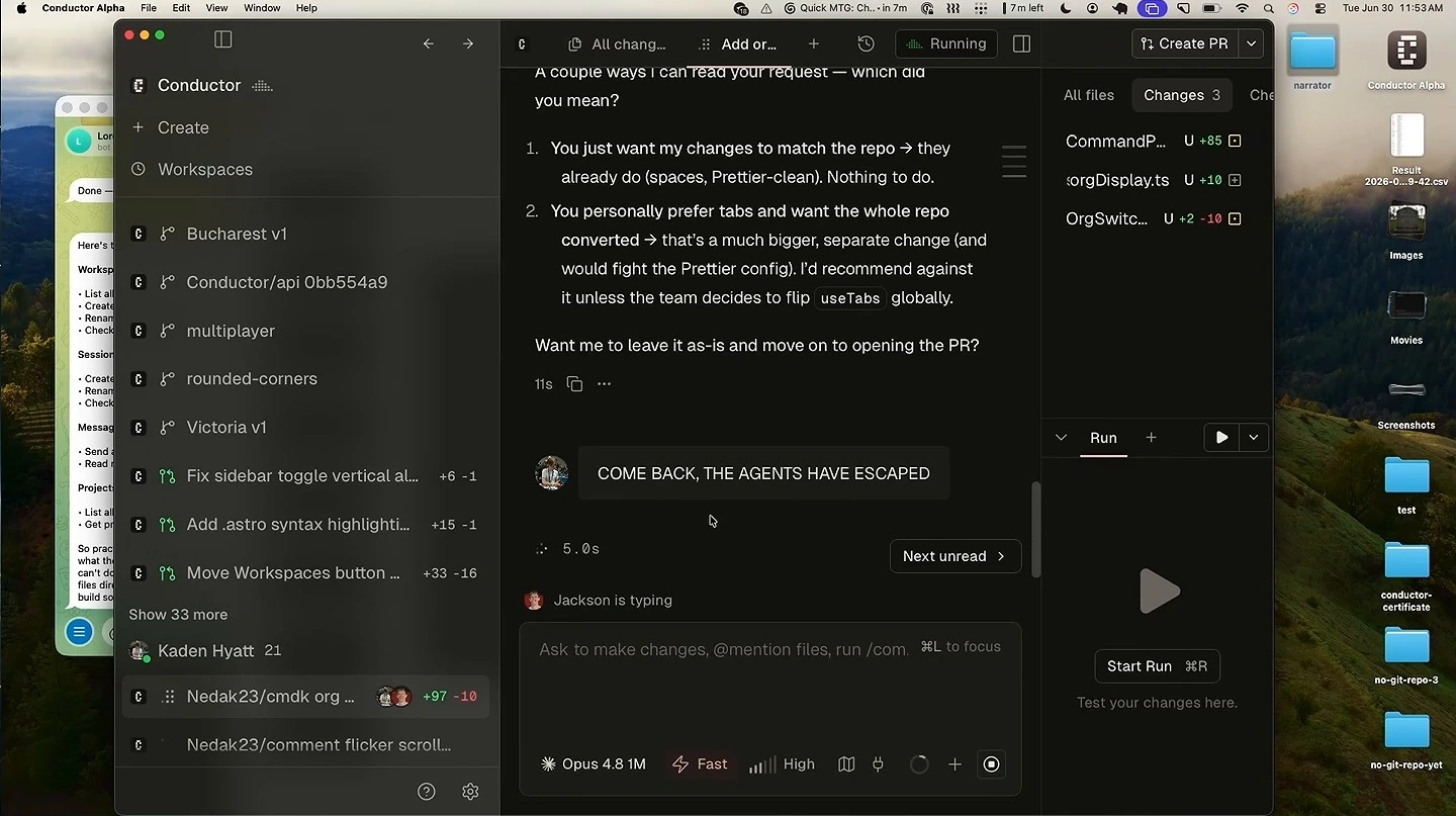 Conductor shows a collaborator's message beneath the agent's response and another participant typing.