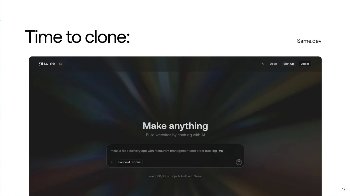 A slide titled “Time to clone” shows the Same.dev website.