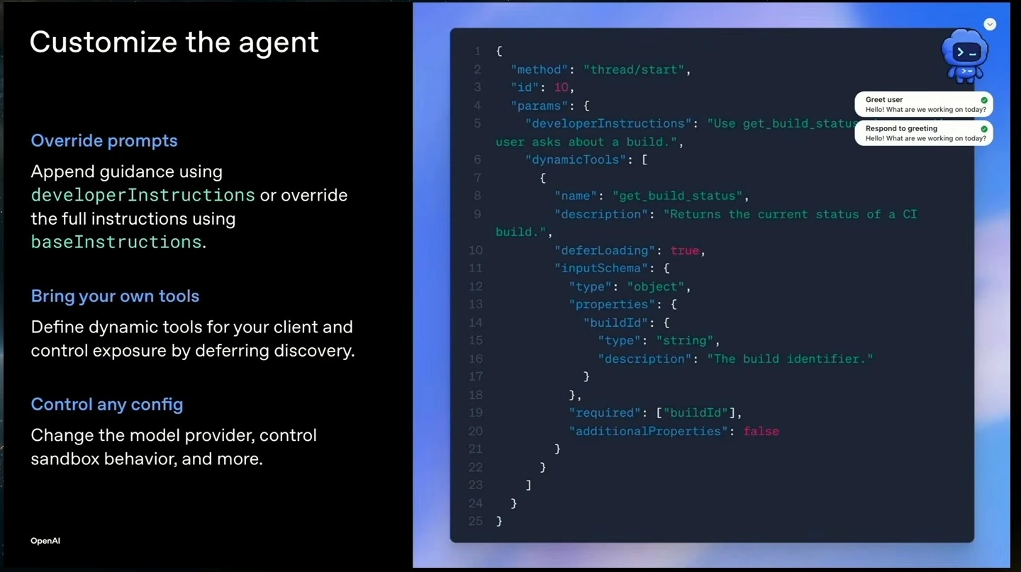 Slide describing prompt overrides, dynamic tools, and configuration, alongside a thread-start example.