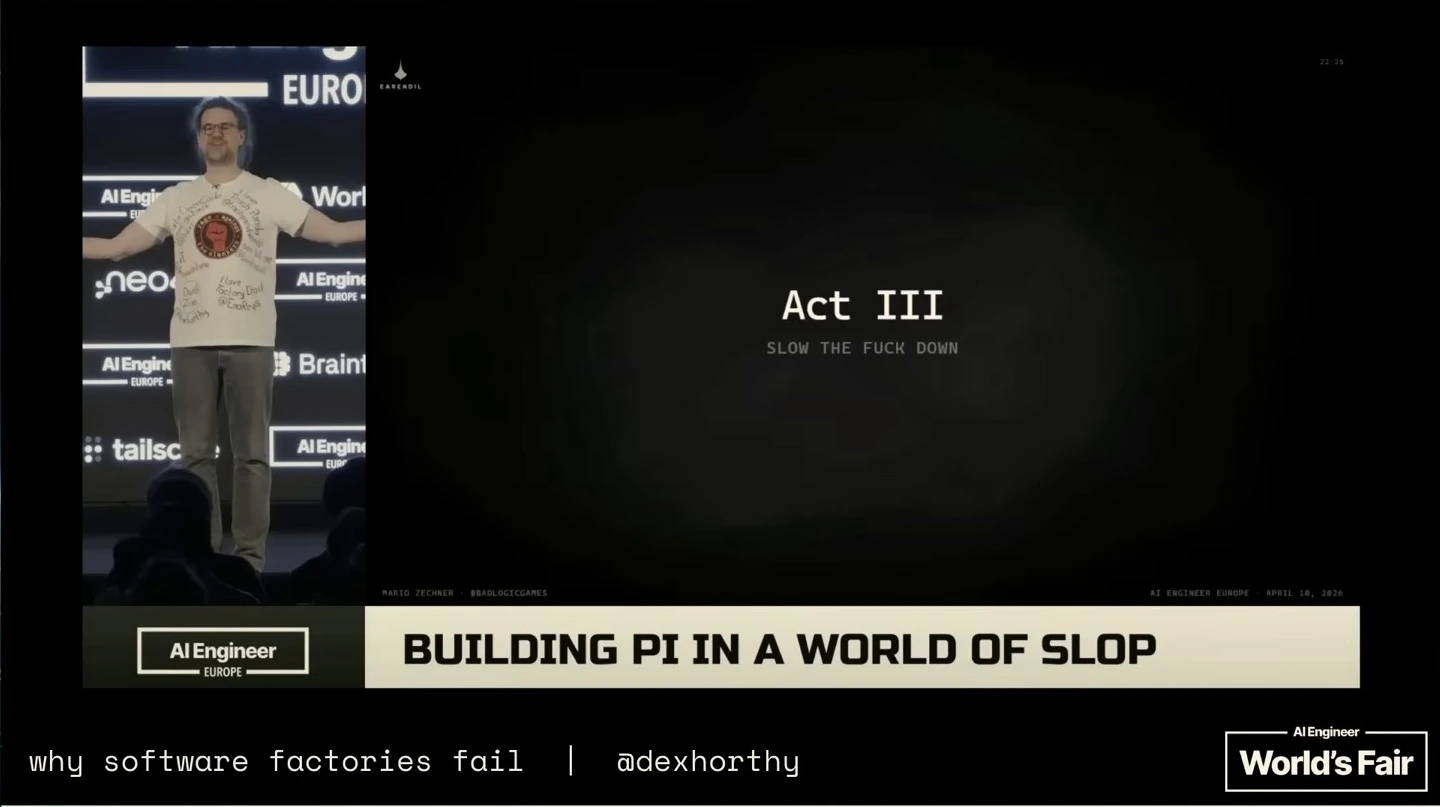 A presenter stands beside an embedded slide reading Act III and Slow the fuck down.