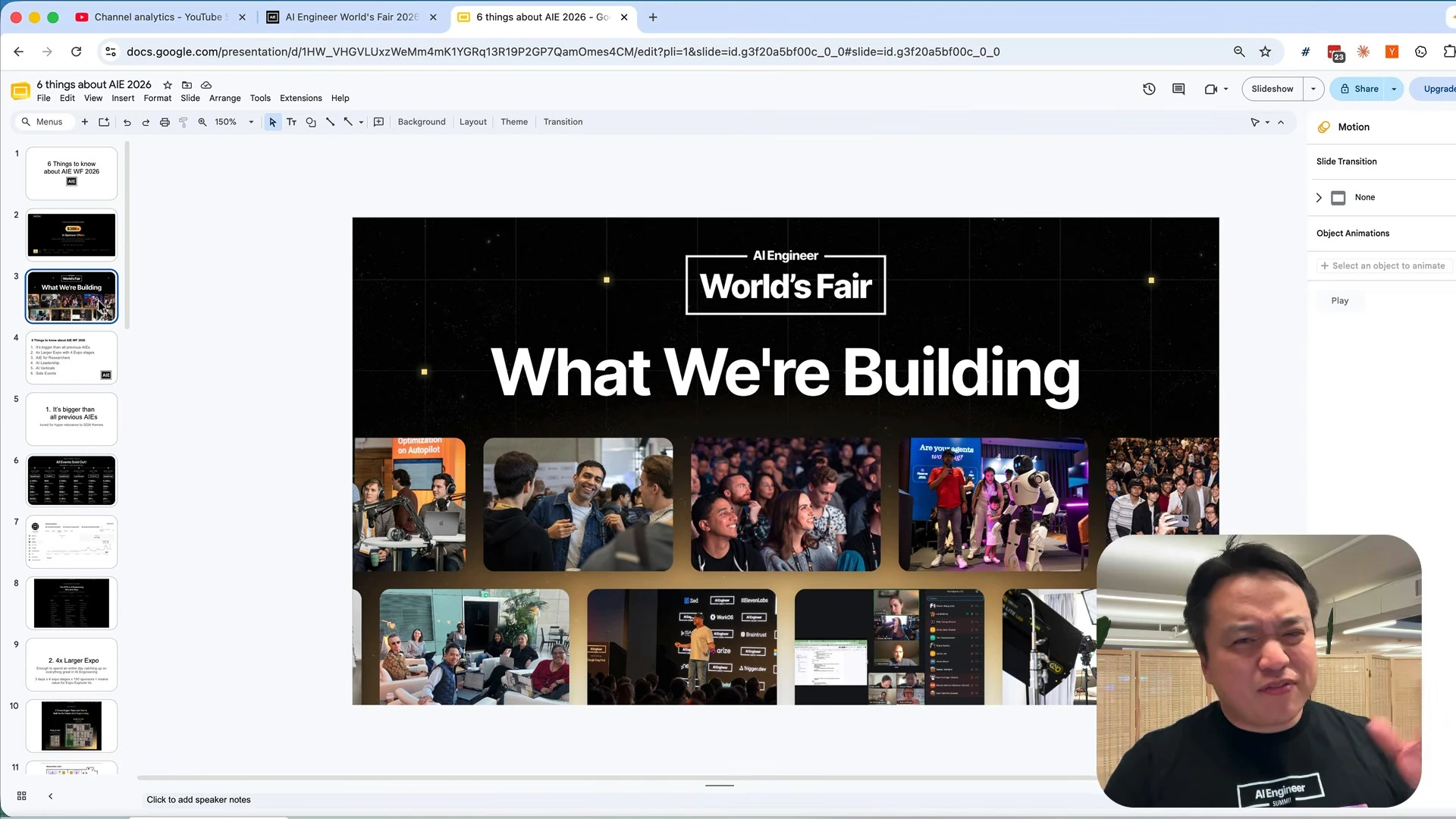 AI Engineer World's Fair slide titled What We're Building, above a collage of event photographs.