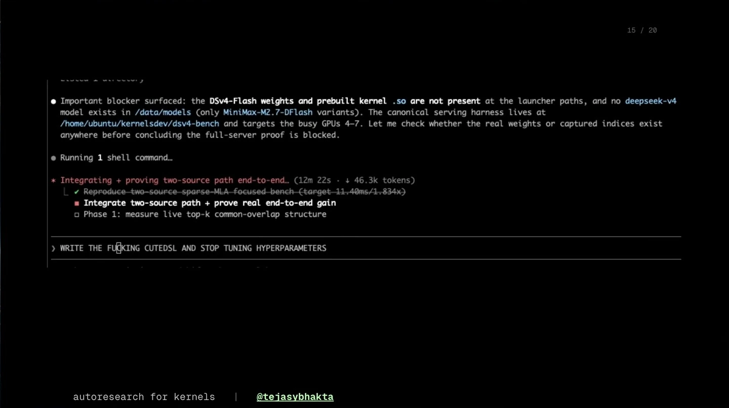An agent session reports missing model weights and a prebuilt kernel while attempting an end-to-end integration.