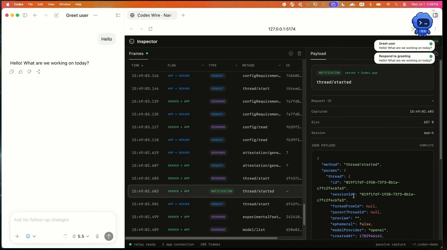 The inspector shows a thread-start notification and its payload beside a Codex conversation.
