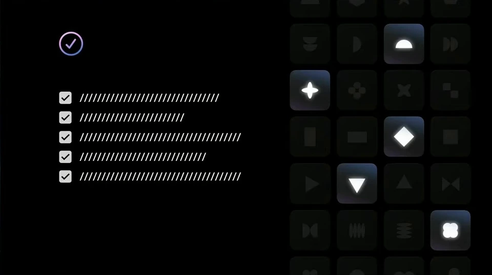 A completed checklist beside a grid with five illuminated symbols.