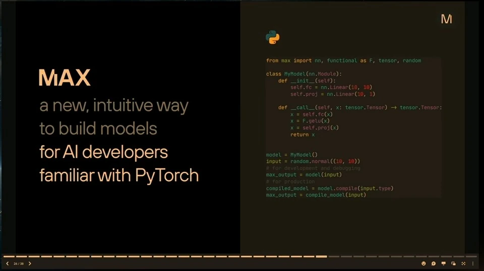 A MAX modeling slide addresses developers familiar with PyTorch alongside a Python code example.