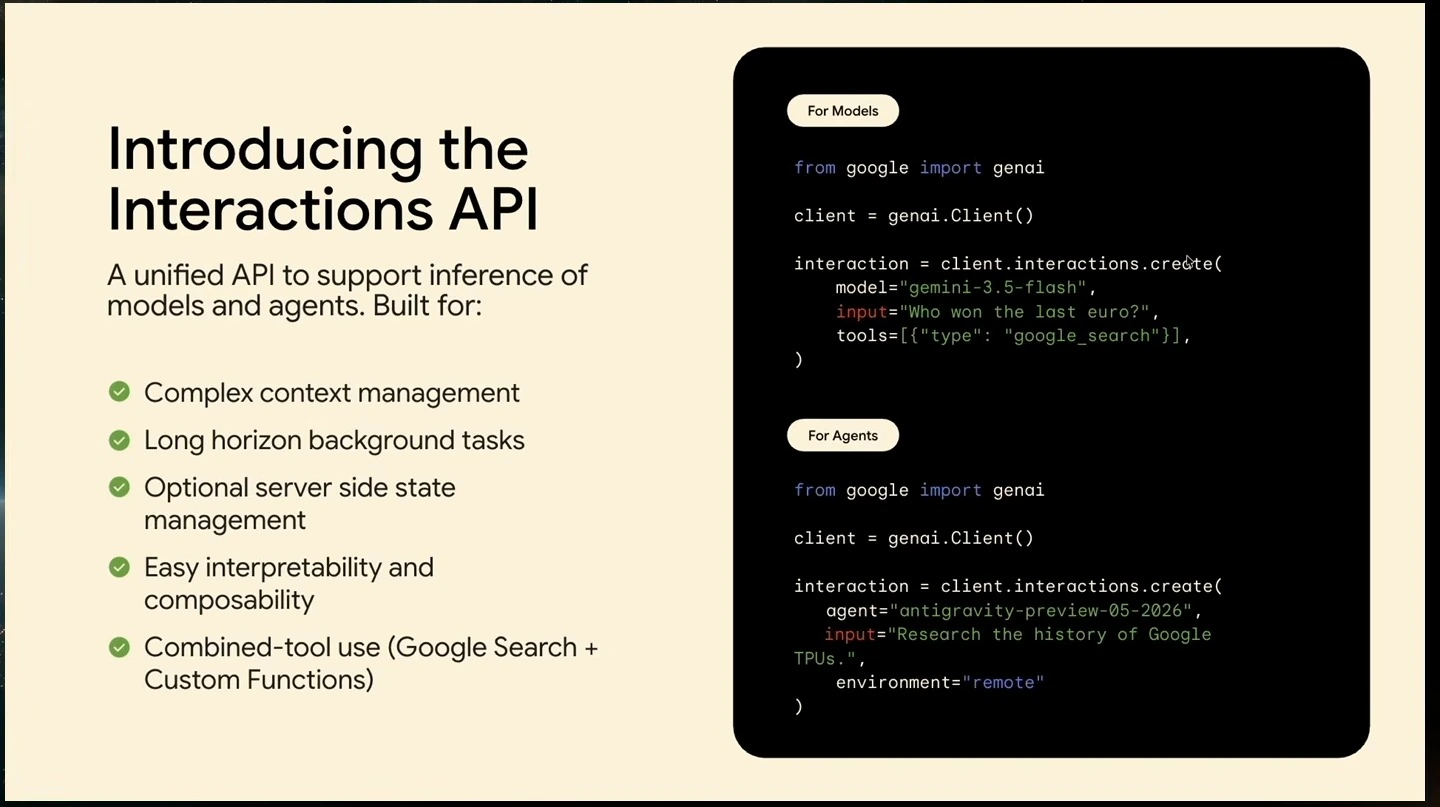 Interactions API benefits and code examples for models and agents.