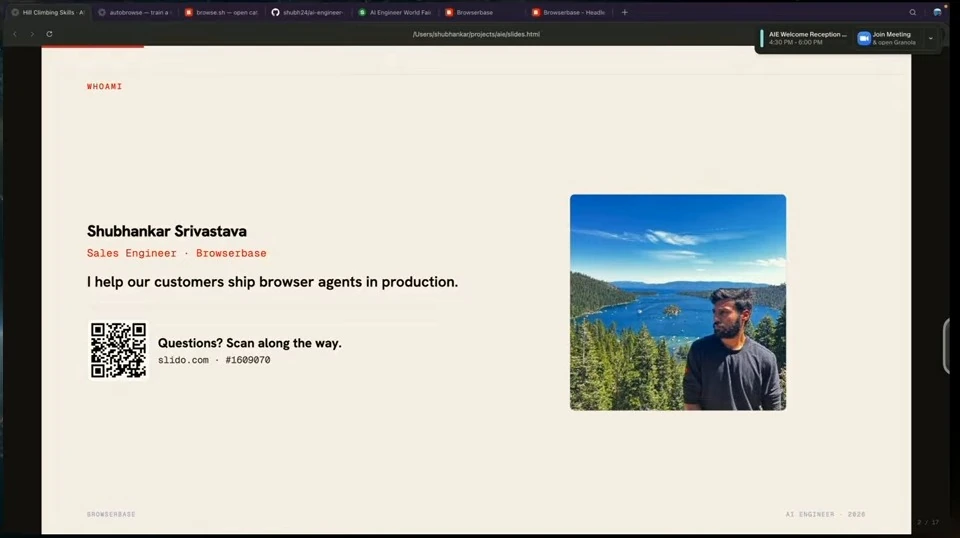 Shubhankar Srivastava introduces his work helping customers deploy browser agents, alongside a photo and questions QR code.