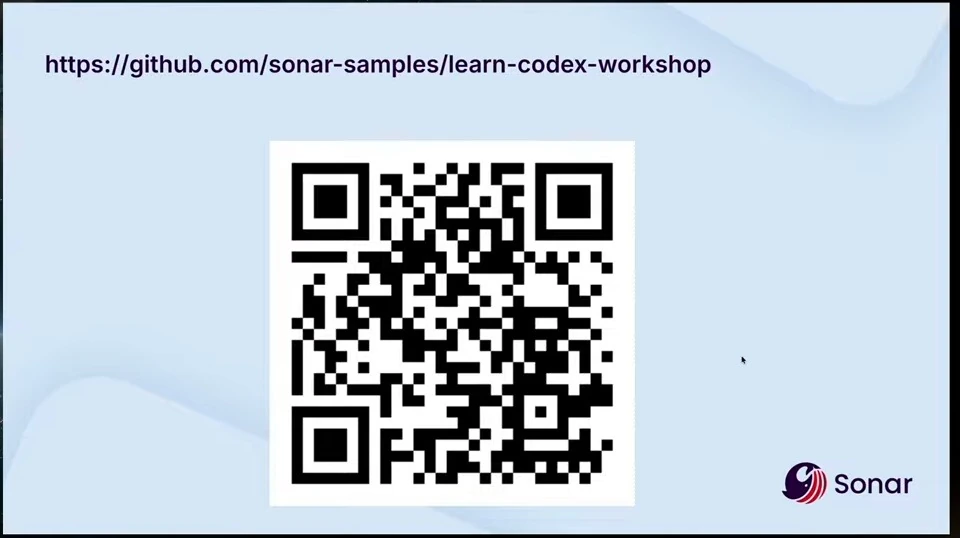 Sonar slide with a workshop repository link and QR code.