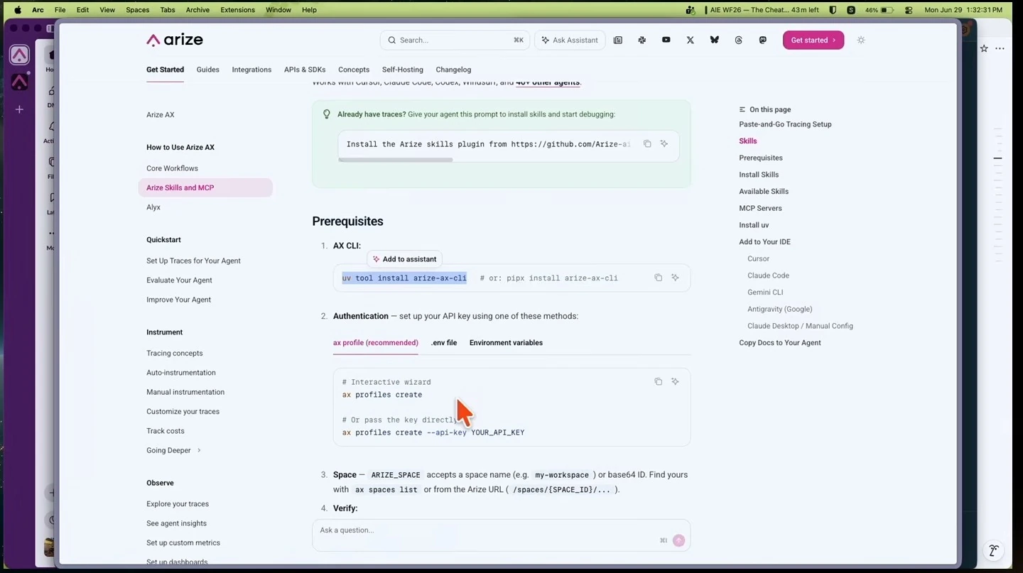 Arize documentation showing CLI installation, authentication, and workspace setup prerequisites.