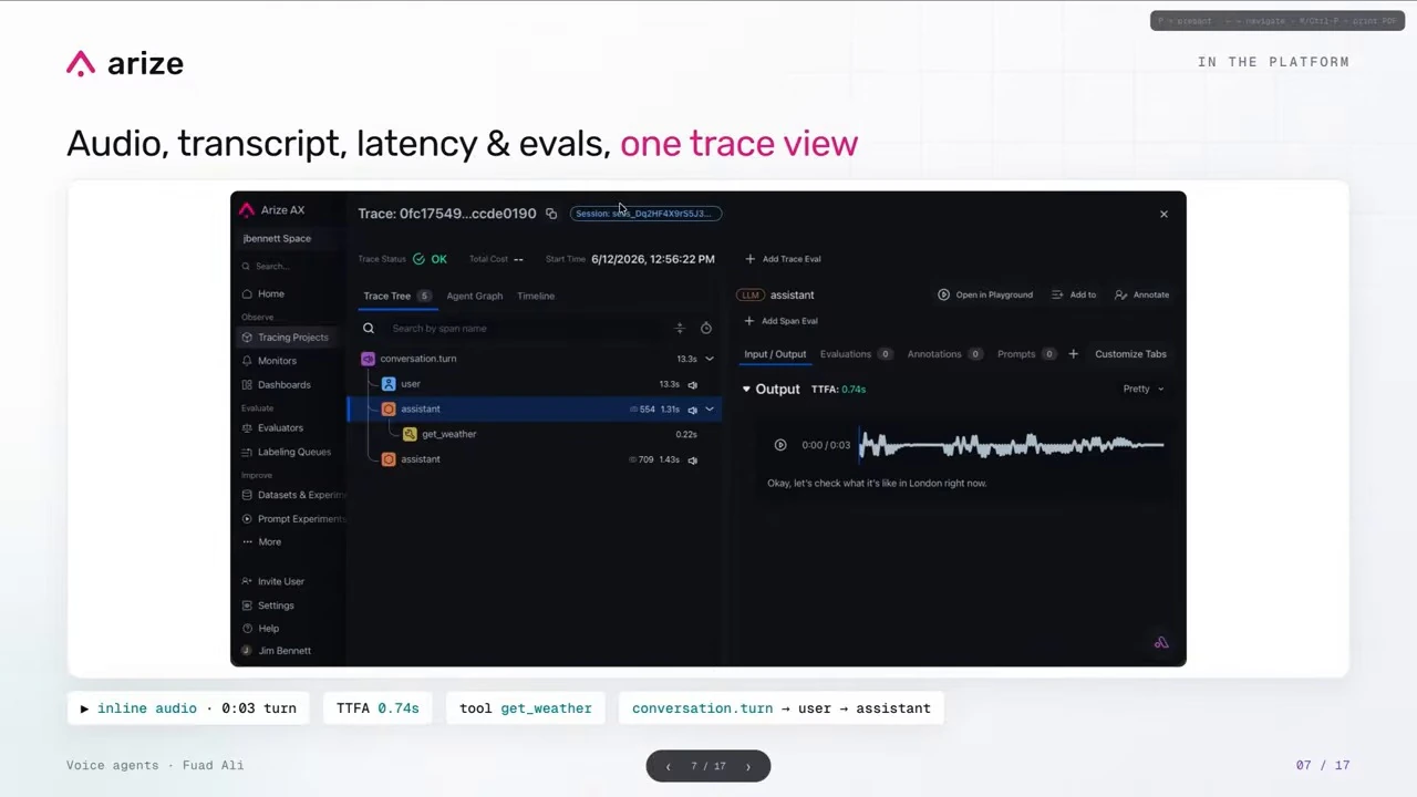 A trace view shows a conversation tree, a weather tool call, an audio waveform and latency.