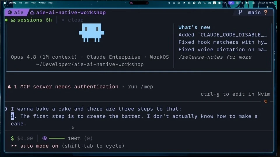 A terminal prompt contains the beginning of a dictated list about making a cake.