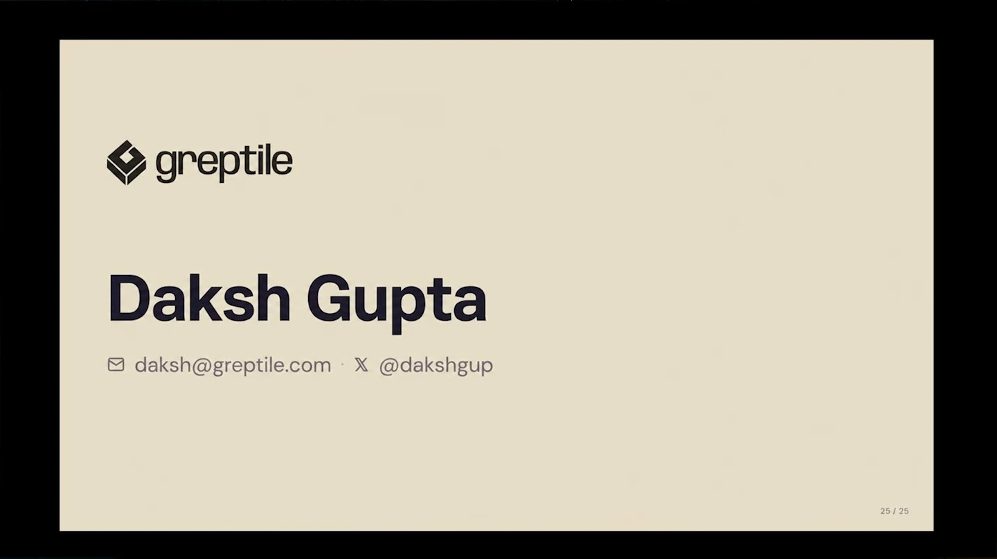 Greptile closing slide with the speaker’s name and professional contact details.