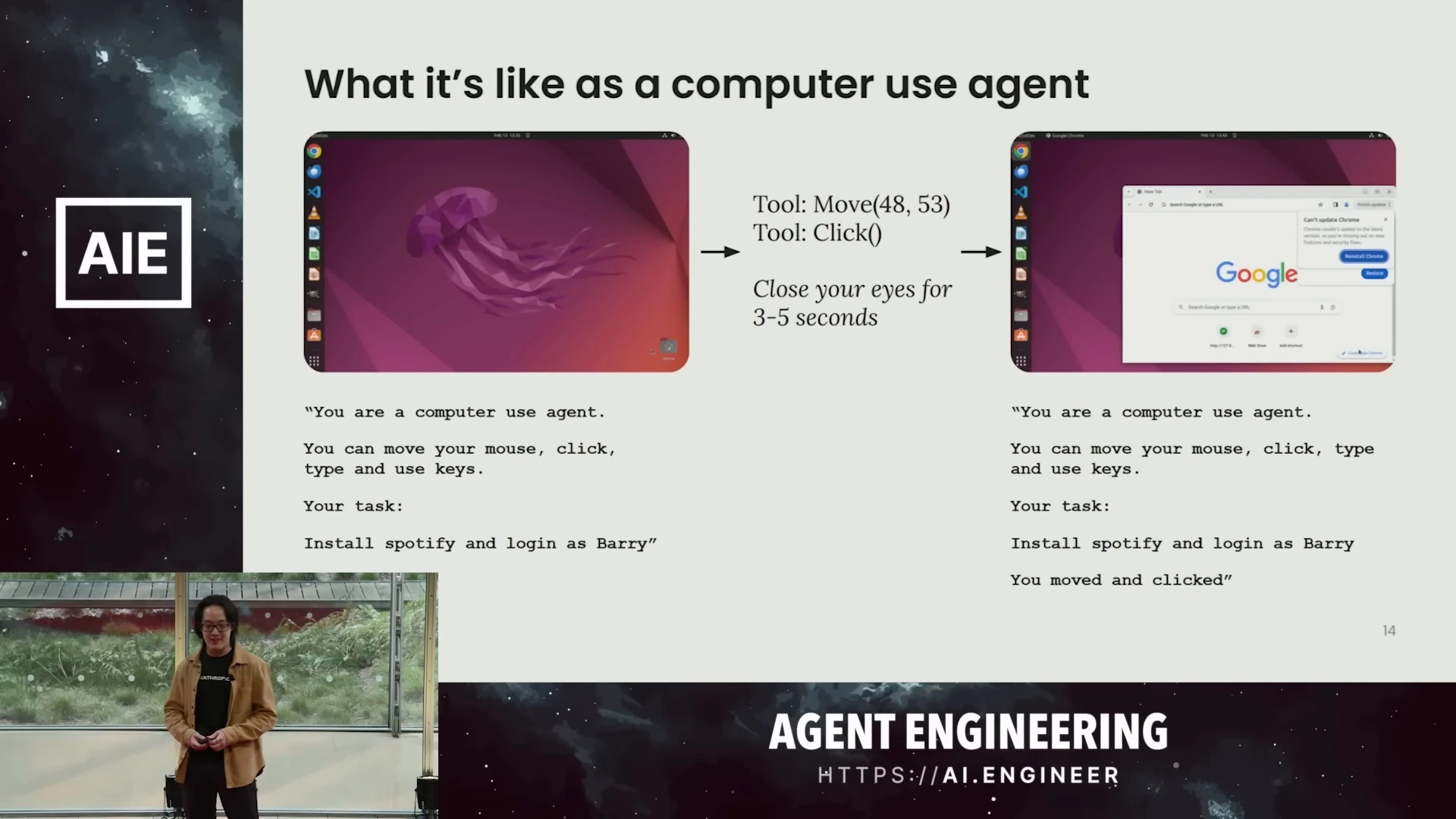 A computer-use agent moves and clicks, waits for a screenshot, and sees a browser open with updated task context.